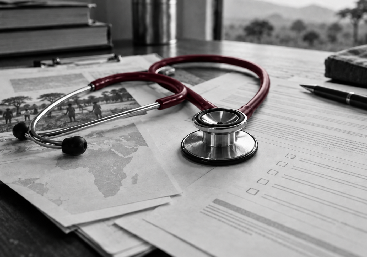 Stethoscope resting on anonymized clinical research documents with a restrained burgundy detail.