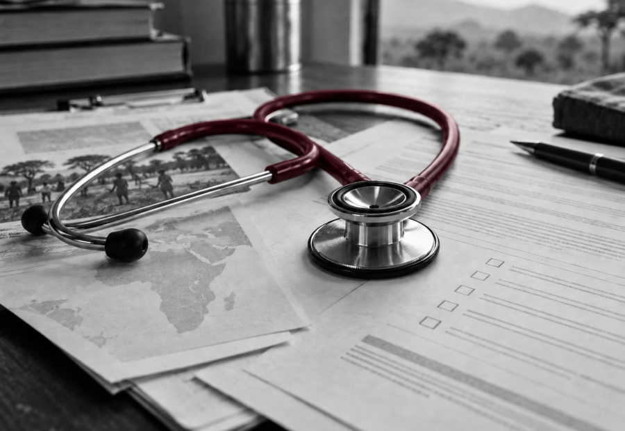 Stethoscope resting on anonymized clinical research documents with a restrained burgundy detail.