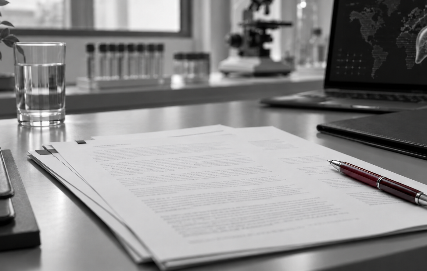An anonymized informed-consent document under review with a restrained burgundy pen.