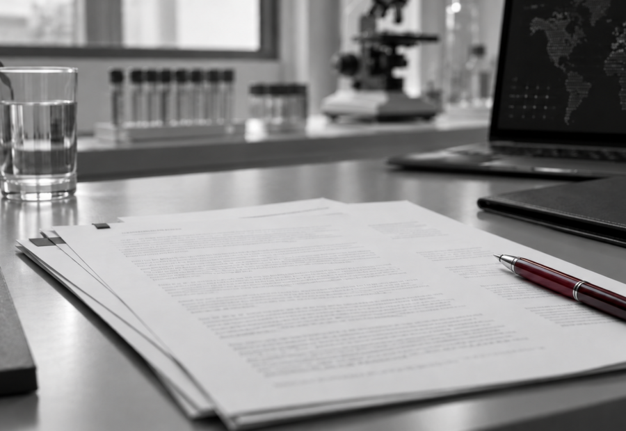 An anonymized informed-consent document under review with a restrained burgundy pen.